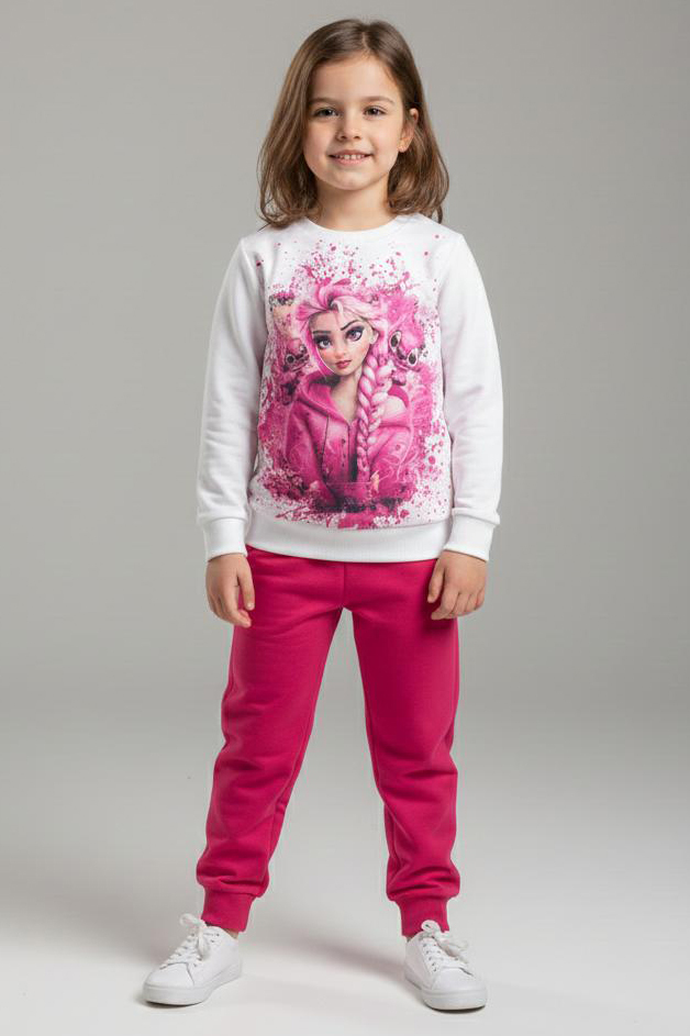 Kız Çocuk Fuşya Baskılı Pijama Takımı - 28165-FUSYA