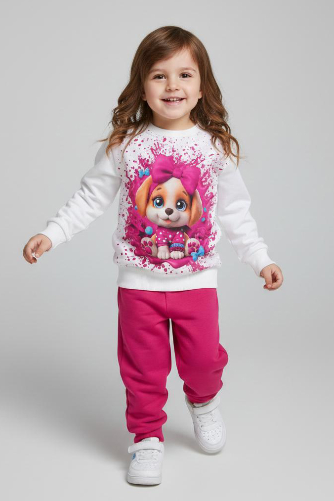 Kız Çocuk Fuşya Baskılı Pijama Takımı - 28166-FUSYA