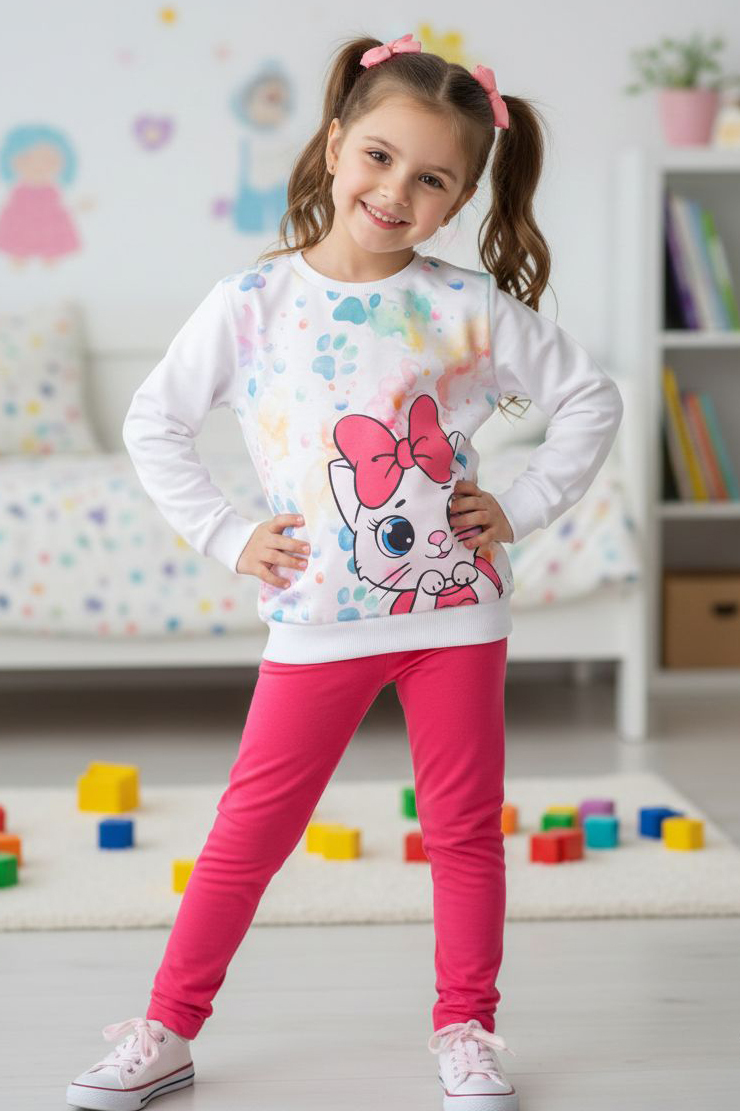 Kız Çocuk Fuşya Baskılı Şardonlu Pijama Takımı - 28236-FUSYA