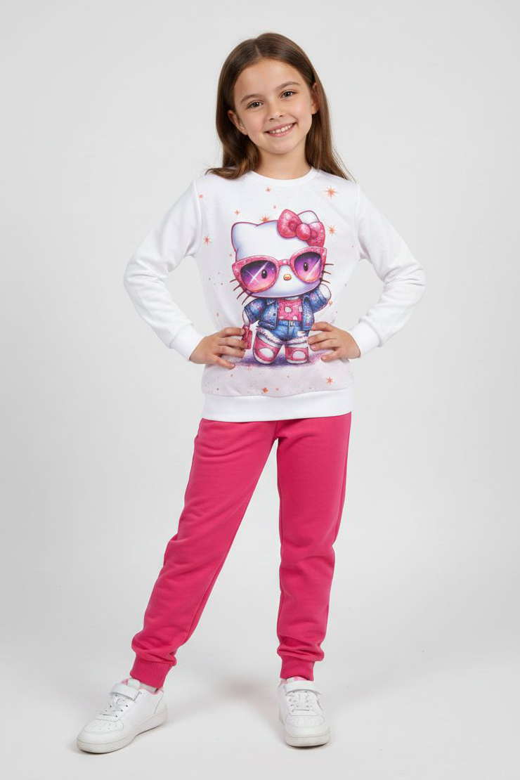 Kız Çocuk Fuşya Baskılı Şardonlu Pijama Takımı - 28237-FUSYA