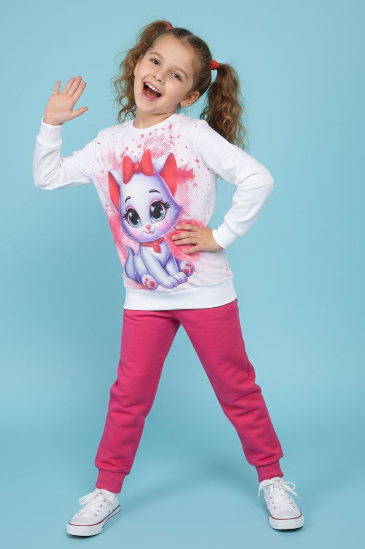 Kız Çocuk Fuşya Baskılı Şardonlu Pijama Takımı - 28238-FUSYA
