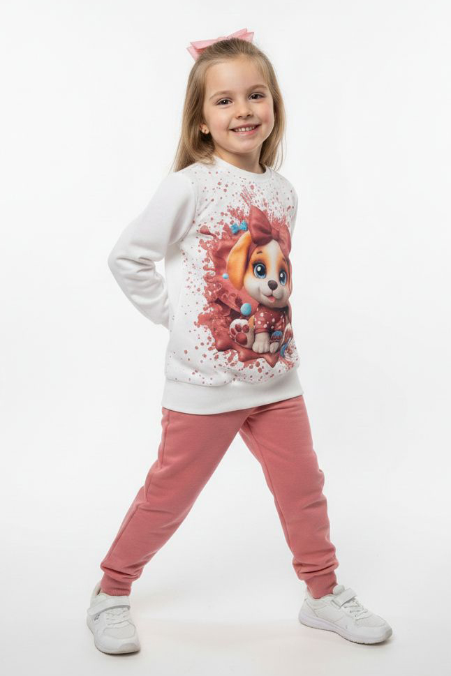 Kız Çocuk Gül Baskılı Pijama Takımı - 28166-GUL