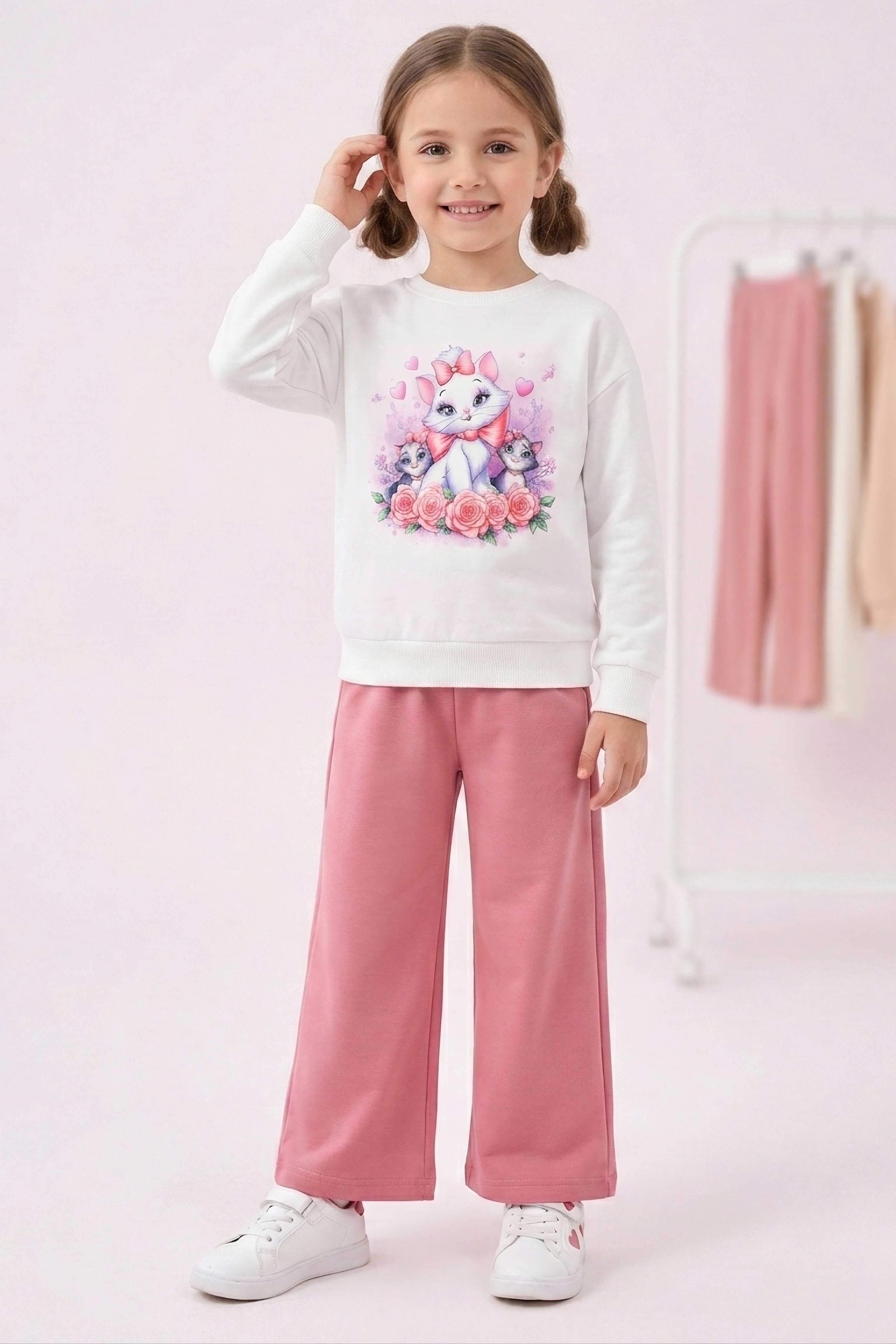 Kız Çocuk Gül Baskılı Pijama Takımı - 28304-GUL