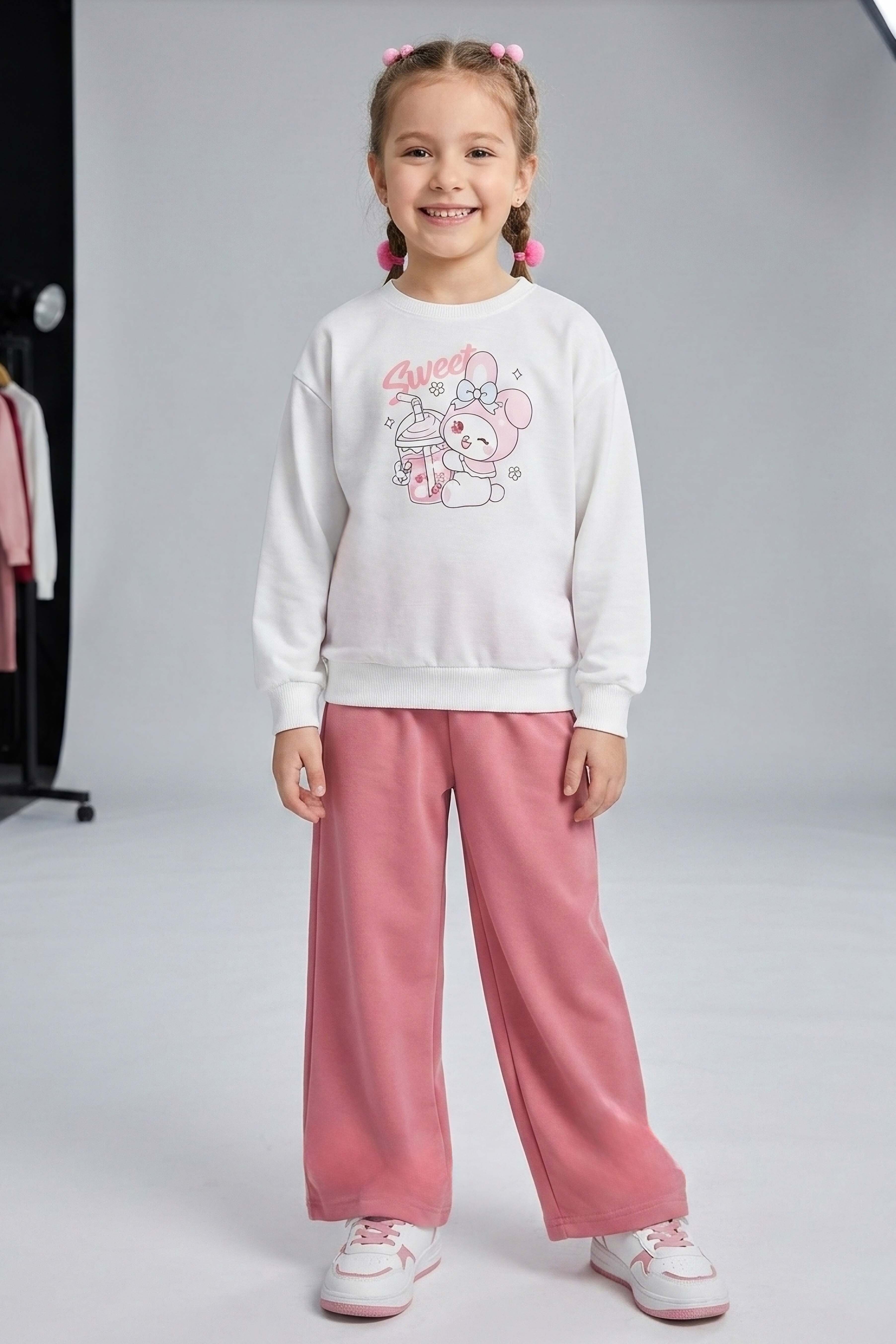 Kız Çocuk Gül Baskılı Pijama Takımı - 28305-GUL