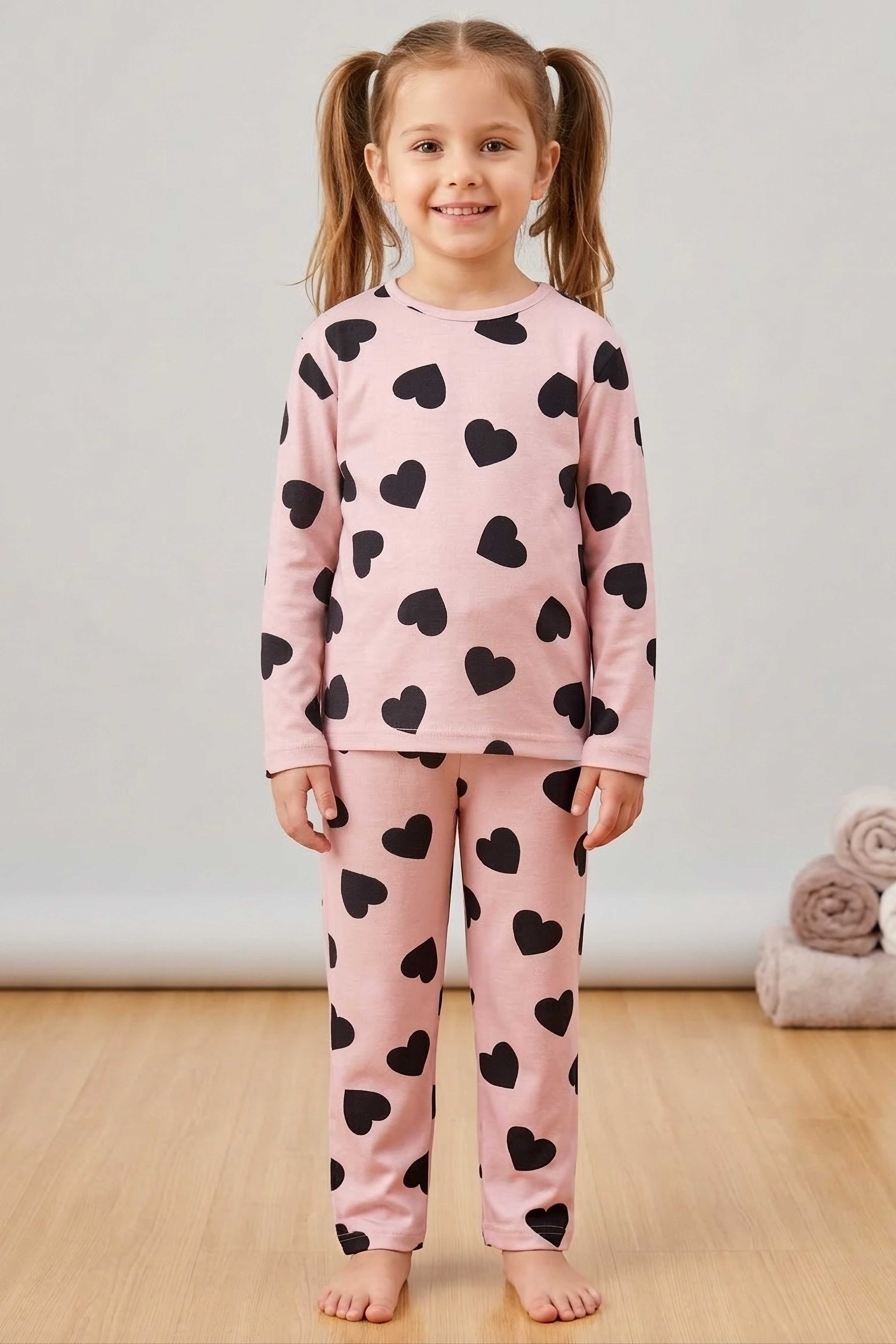 Kız Çocuk Gül Kalpli Süet Pijama Takımı - 28329-GUL