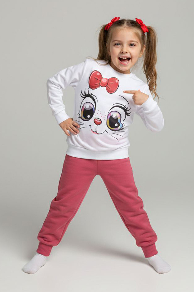 Kız Çocuk Gul Kurusu Baskılı İki İplik Çocuk Pijama Takımı - 28275-GUL-KURUSU