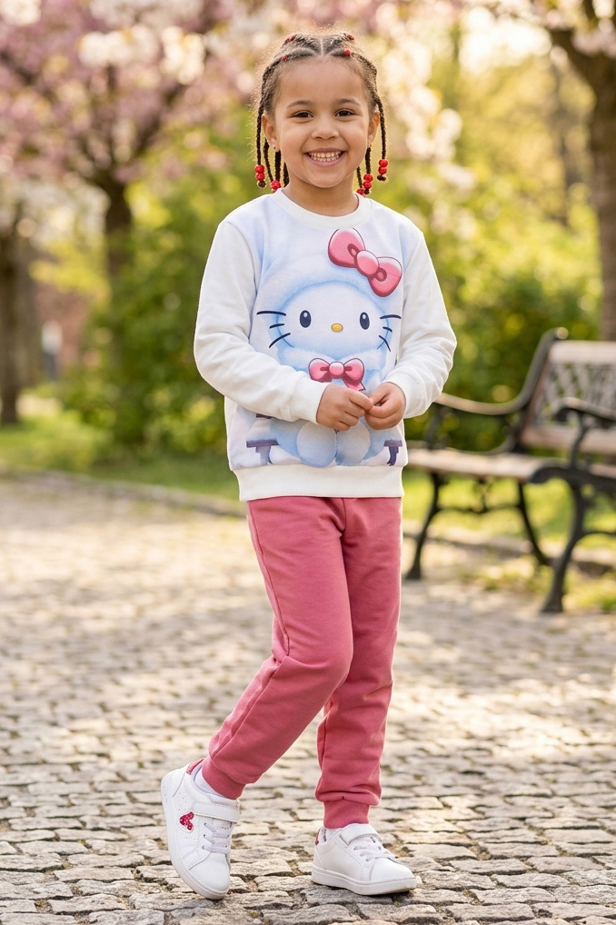 Kız Çocuk Gul Kurusu Baskılı İki İplik Çocuk Pijama Takımı - 28347-GUL-KURUSU
