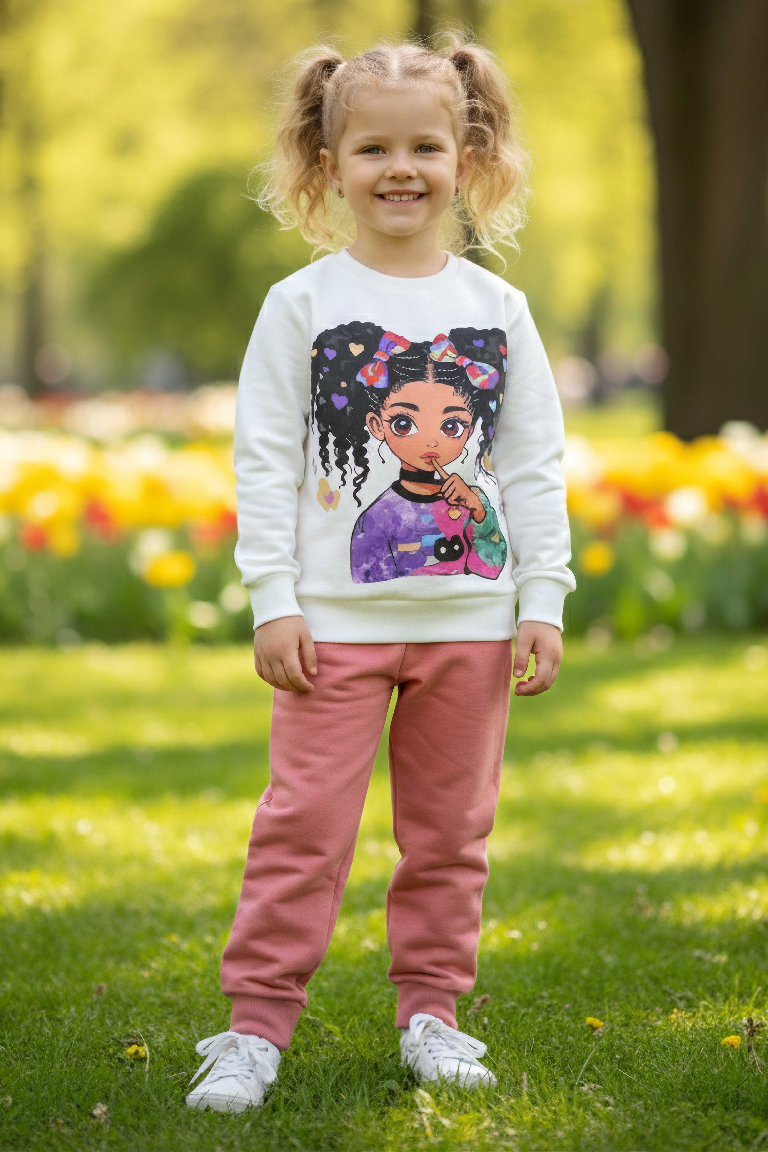 Kız Çocuk Gul Kurusu Baskılı Pijama Takımı - 28108-GUL-KURUSU