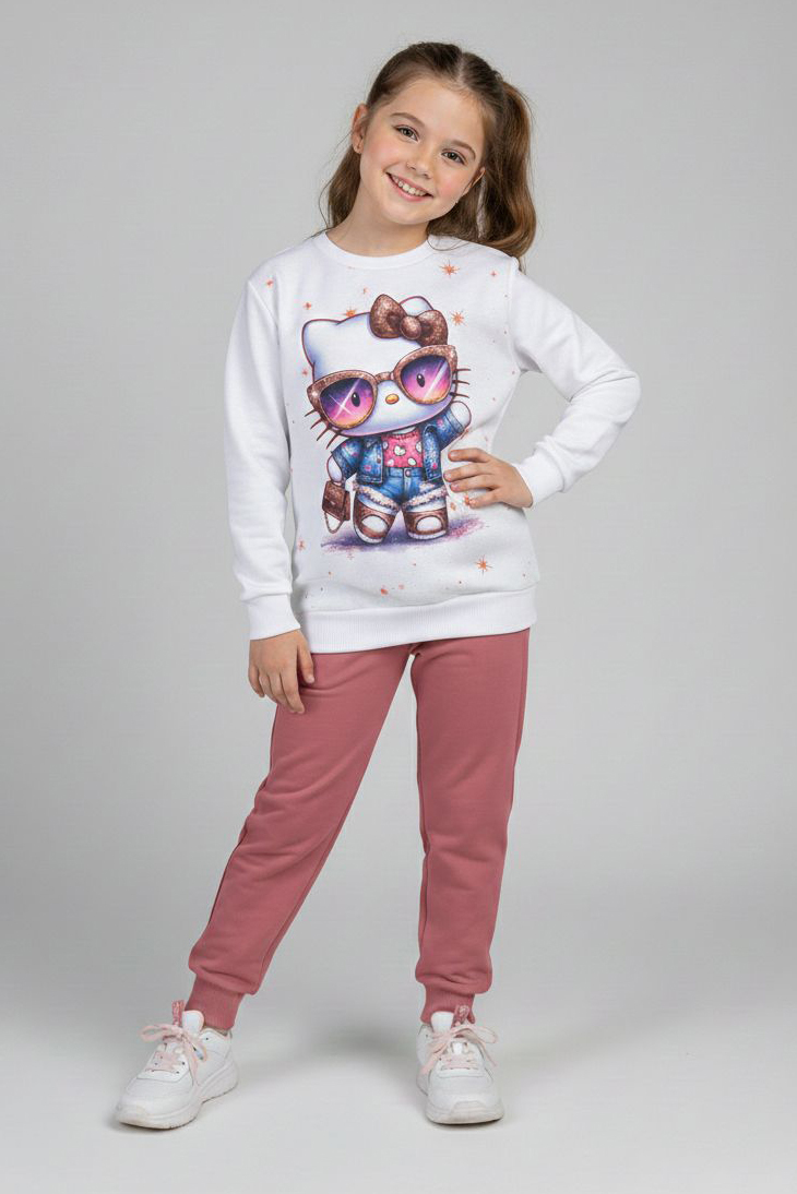 Kız Çocuk Gul Kurusu Baskılı Şardonlu Pijama Takımı - 28237-GUL-KURUSU
