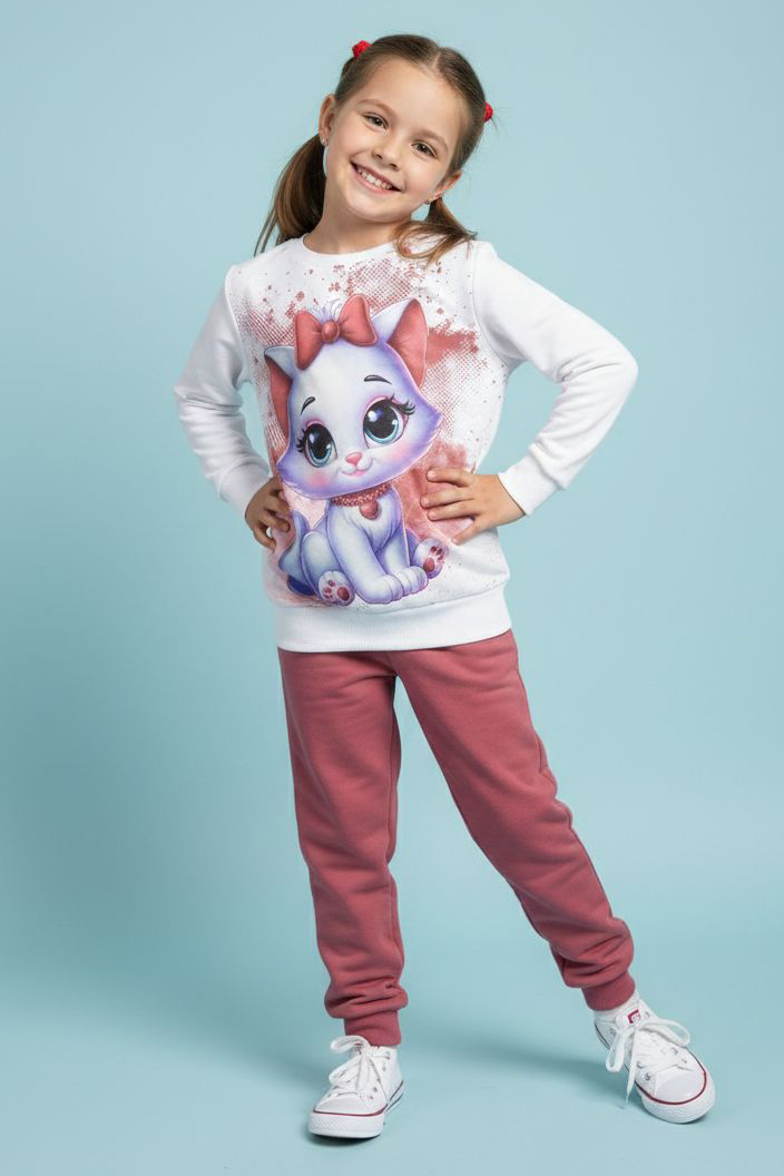 Kız Çocuk Gul Kurusu Baskılı Şardonlu Pijama Takımı - 28238-GUL-KURUSU