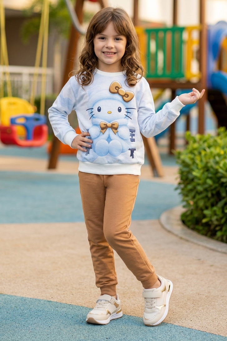 Kız Çocuk Kahve Baskılı İki İplik Çocuk Pijama Takımı - 28347-KAHVE