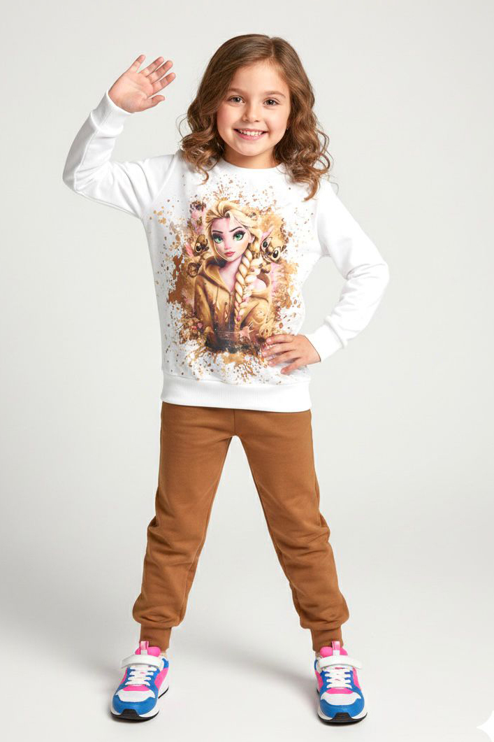 Kız Çocuk Kahve Baskılı Pijama Takımı - 28165-KAHVE