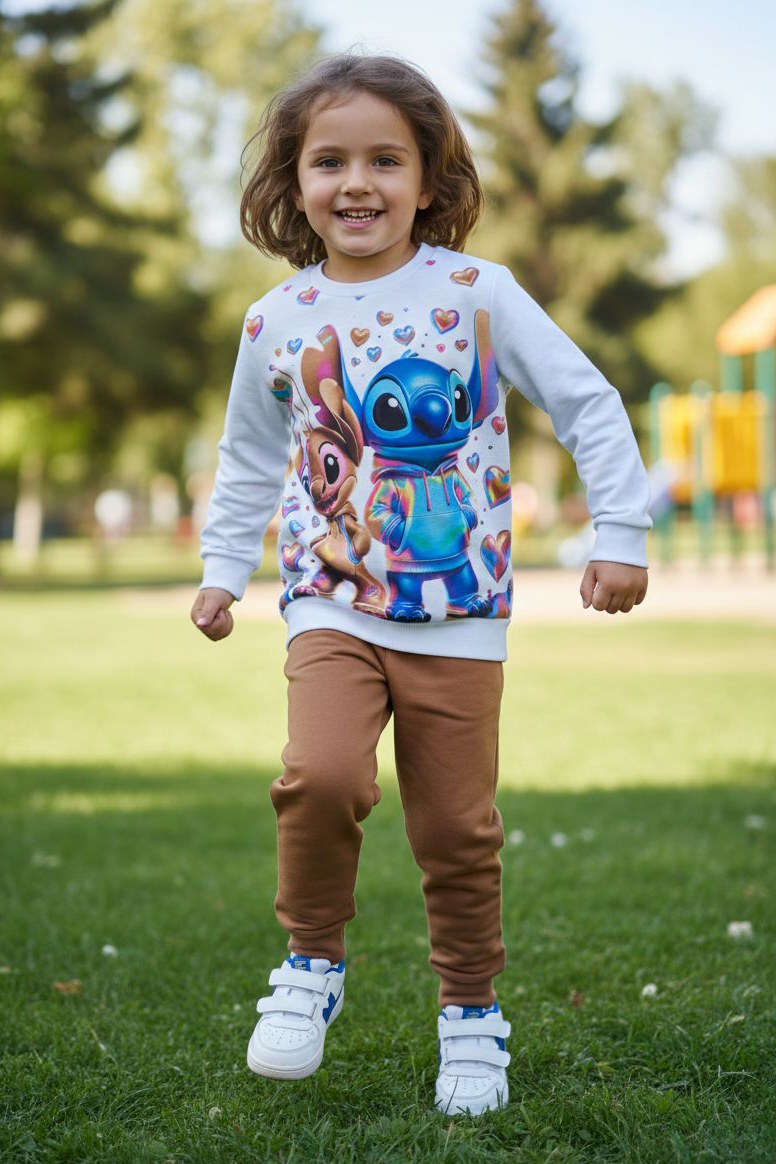 Kız Çocuk Kahve Baskılı Pijama Takımı - 28246-KAHVE