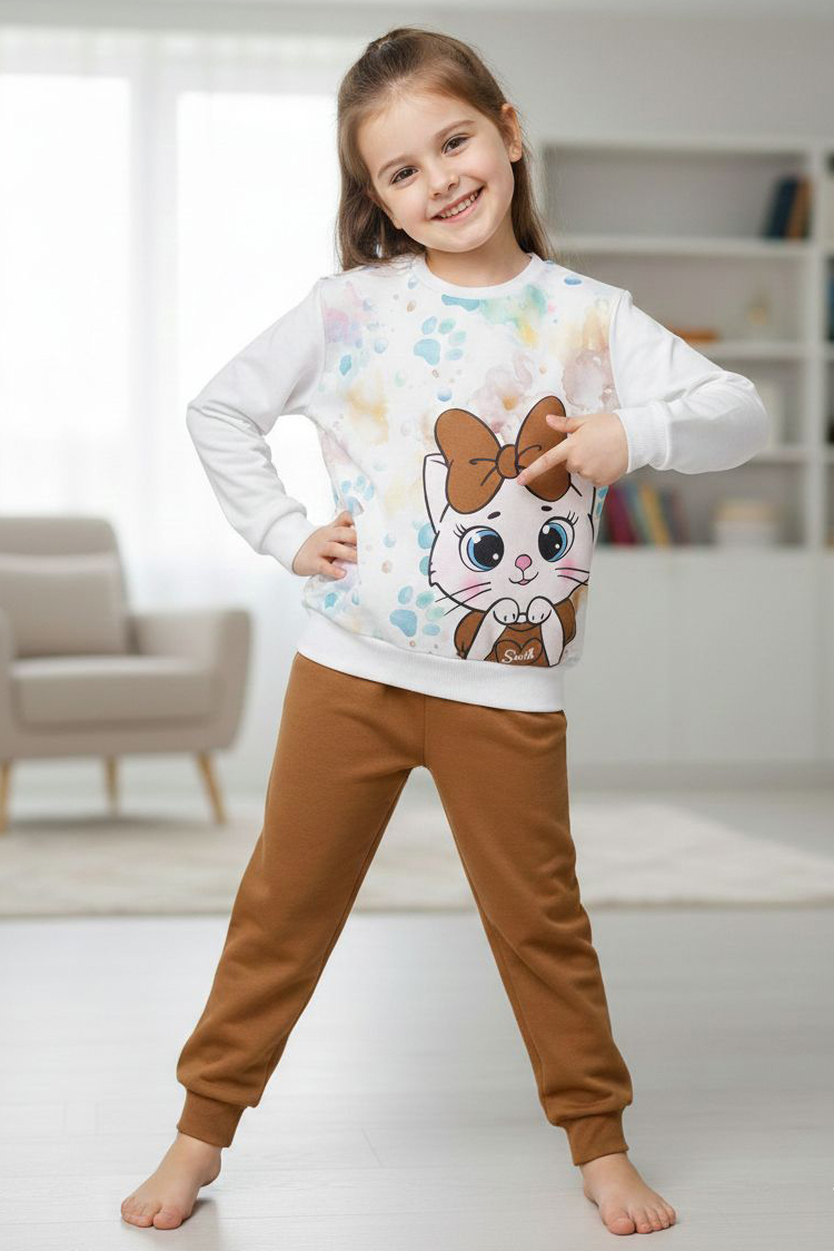 Kız Çocuk Kahve Baskılı Şardonlu Pijama Takımı - 28236-KAHVE
