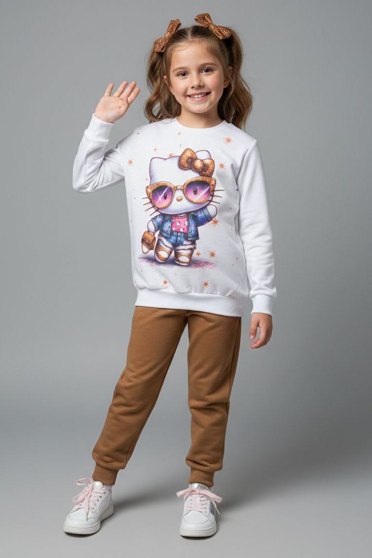 Kız Çocuk Kahve Baskılı Şardonlu Pijama Takımı - 28237-KAHVE