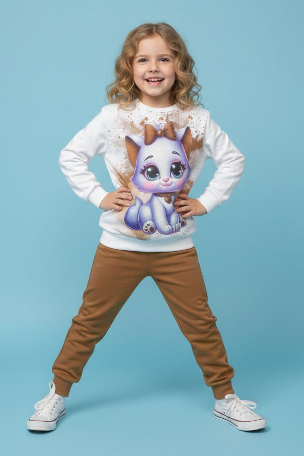 Kız Çocuk Kahve Baskılı Şardonlu Pijama Takımı - 28238-KAHVE