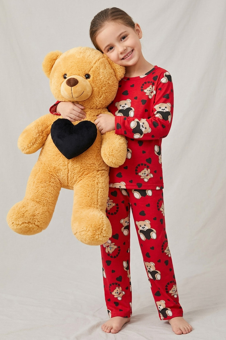 Kız Çocuk Kirmizi Ayıcık Basklı Süet Pijama Takımı - 28344-KIRMIZI
