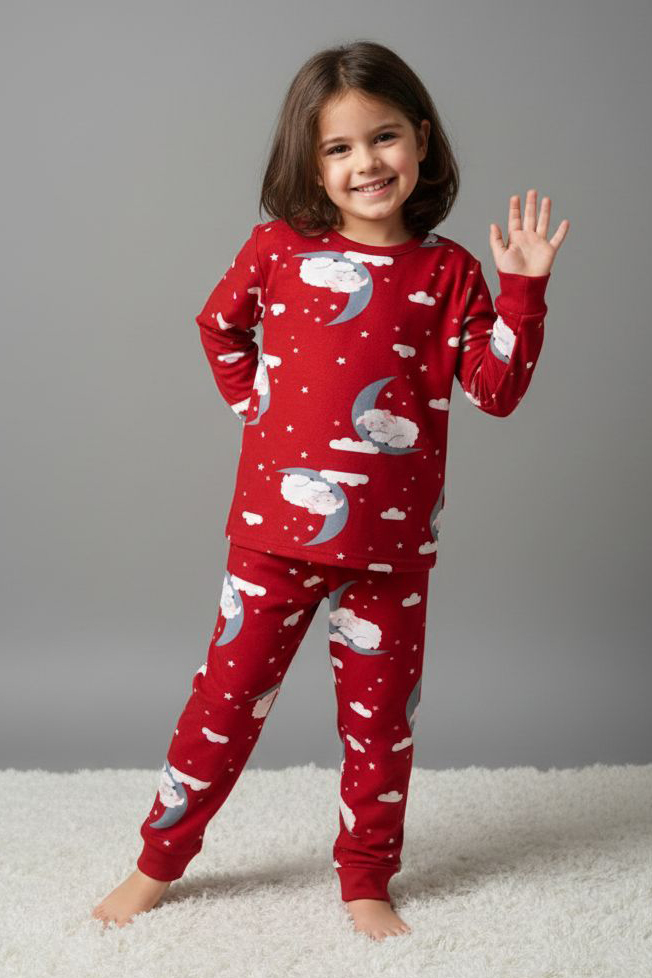 Kız Çocuk Kirmizi Baskılı Süet Pijama Takımı - 28127-KIRMIZI