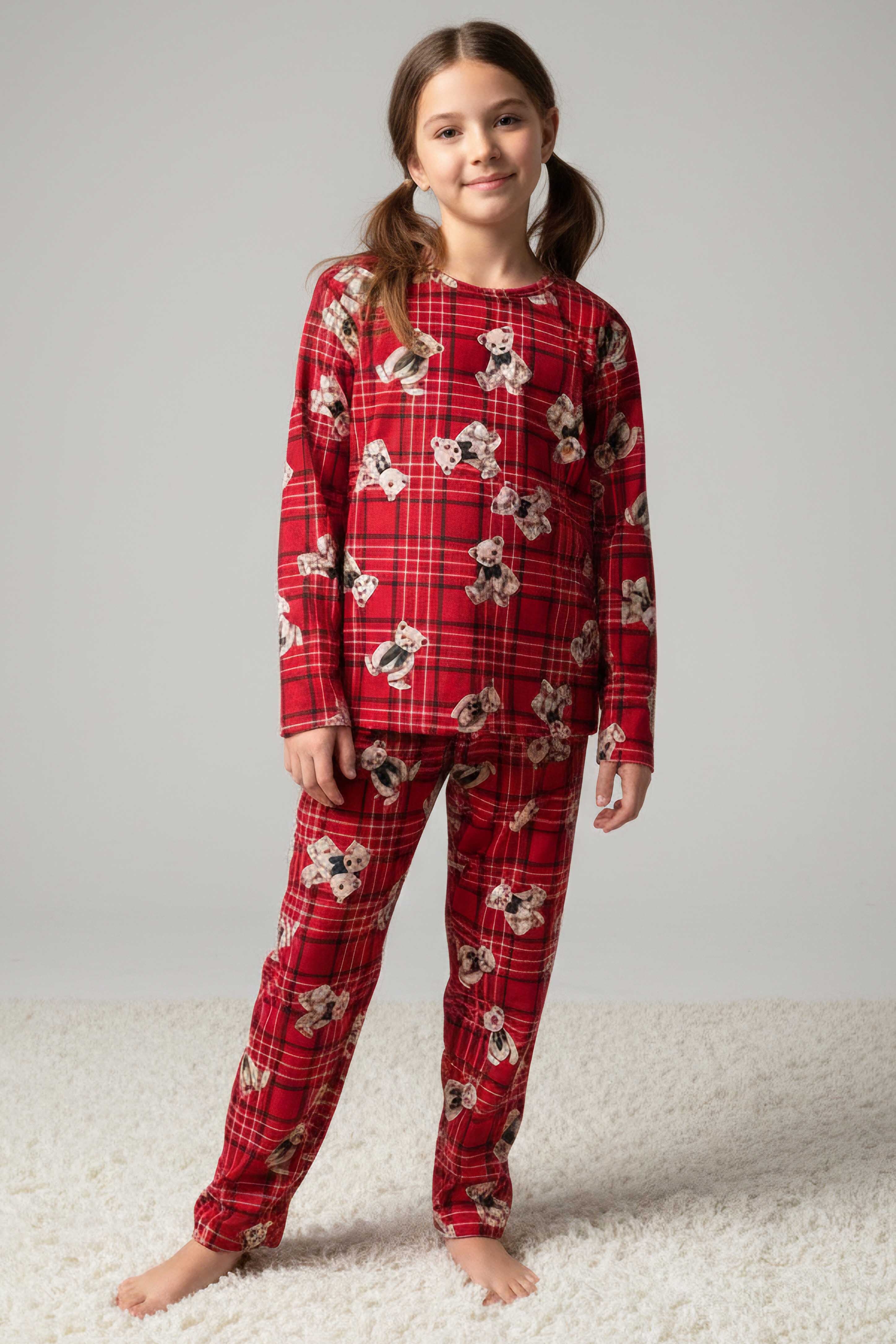 Kız Çocuk Kirmizi Baskılı Süet Pijama Takımı - 28128-KIRMIZI