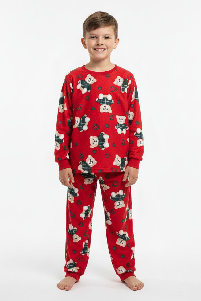 Erkek Çocuk Kirmizi Baskılı Süet Pijama Takımı - 28168-KIRMIZI