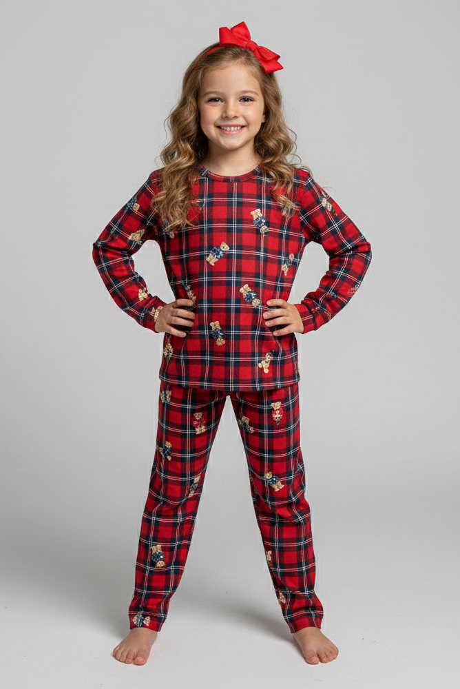 Kız Çocuk Kirmizi Baskılı Süet Pijama Takımı - 28169-KIRMIZI