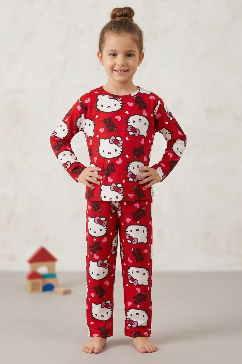 Kız Çocuk Kirmizi Kedi Basklı Süet Pijama Takımı - 28331-KIRMIZI