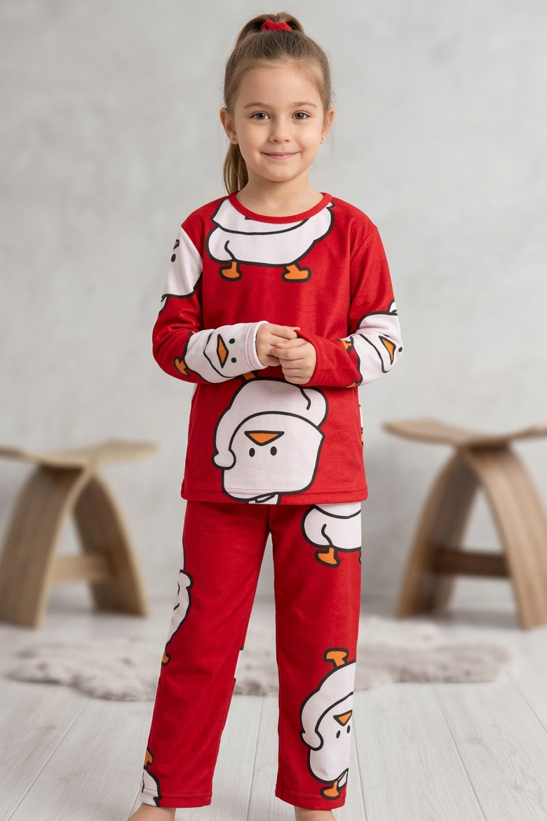 Kız Çocuk Kirmizi Kuş Basklı Süet Pijama Takımı - 28346-KIRMIZI