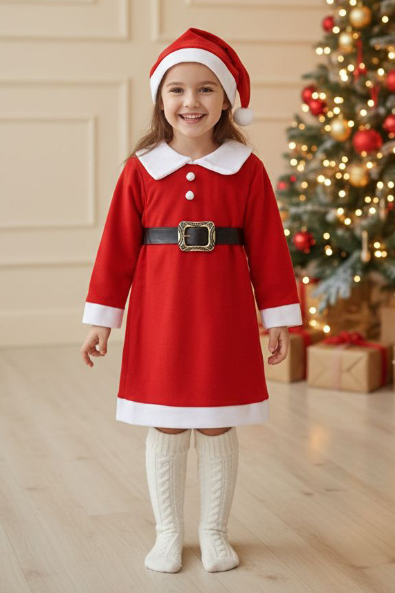 Kız Çocuk Kirmizi Noel Kız Elbisesi  - 28098-KIRMIZI
