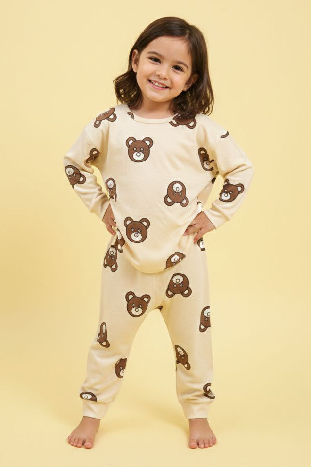 Kız Çocuk Krem Baskılı Süet Pijama Takımı - 28129-KREM