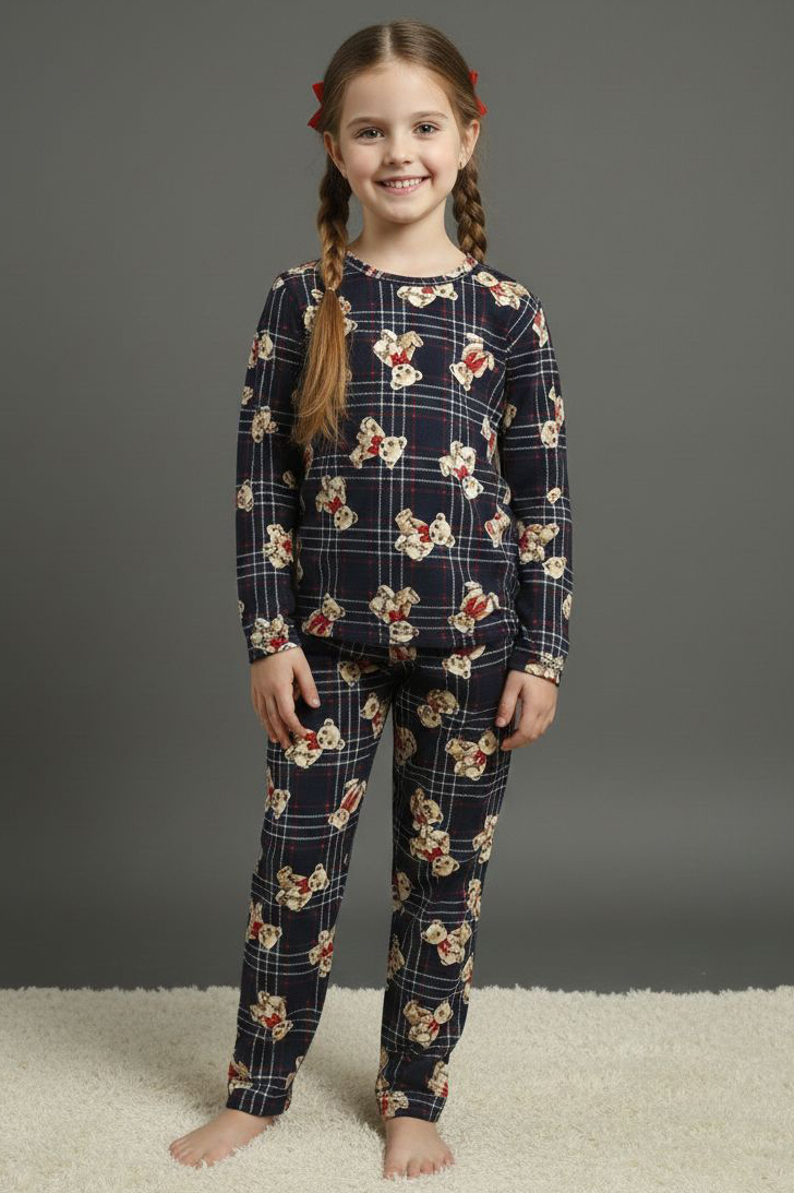 Kız Çocuk Lacivert Baskılı Süet Pijama Takımı - 28128-LACIVERT