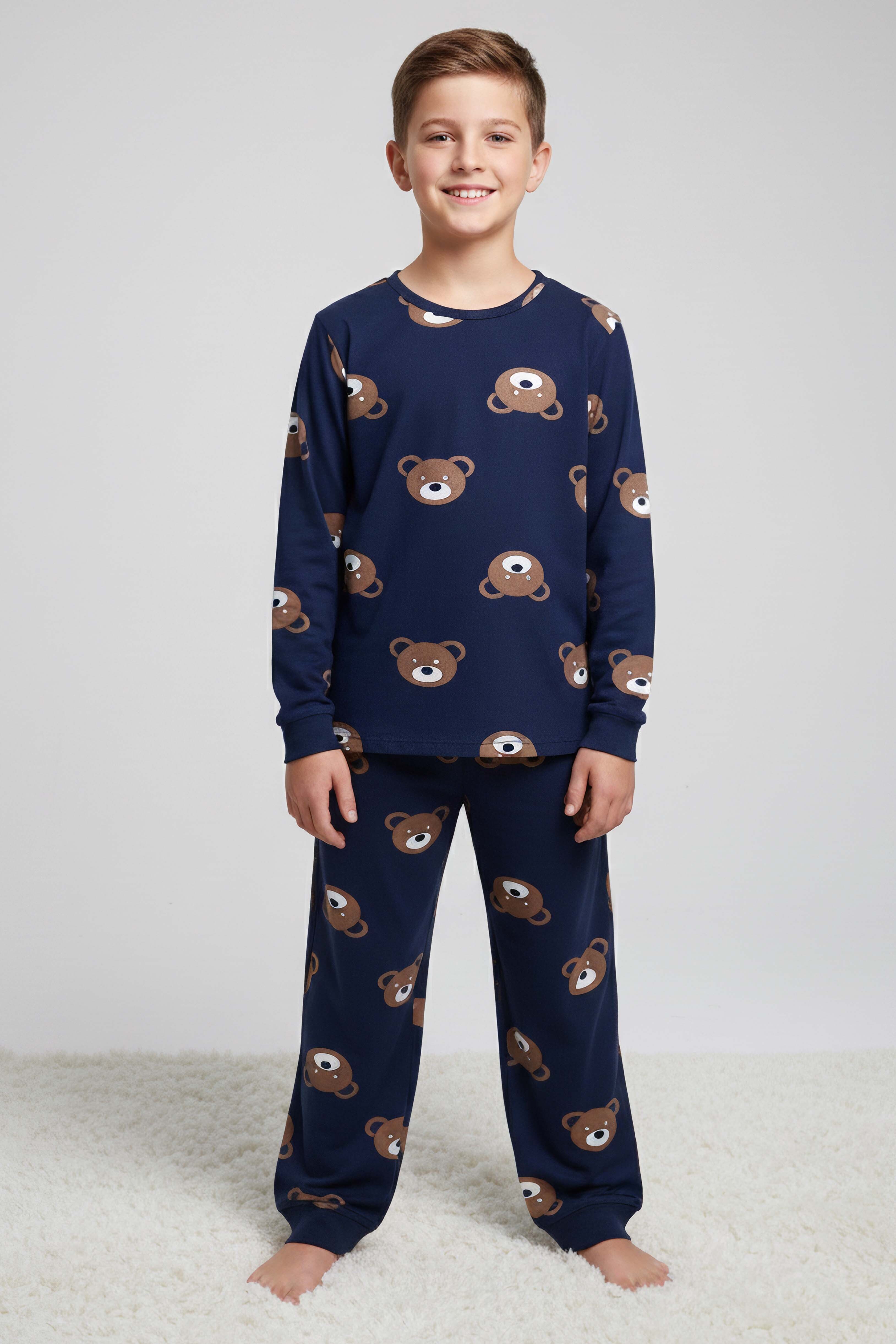 Erkek Çocuk Lacivert Baskılı Süet Pijama Takımı - 28129-LACIVERT