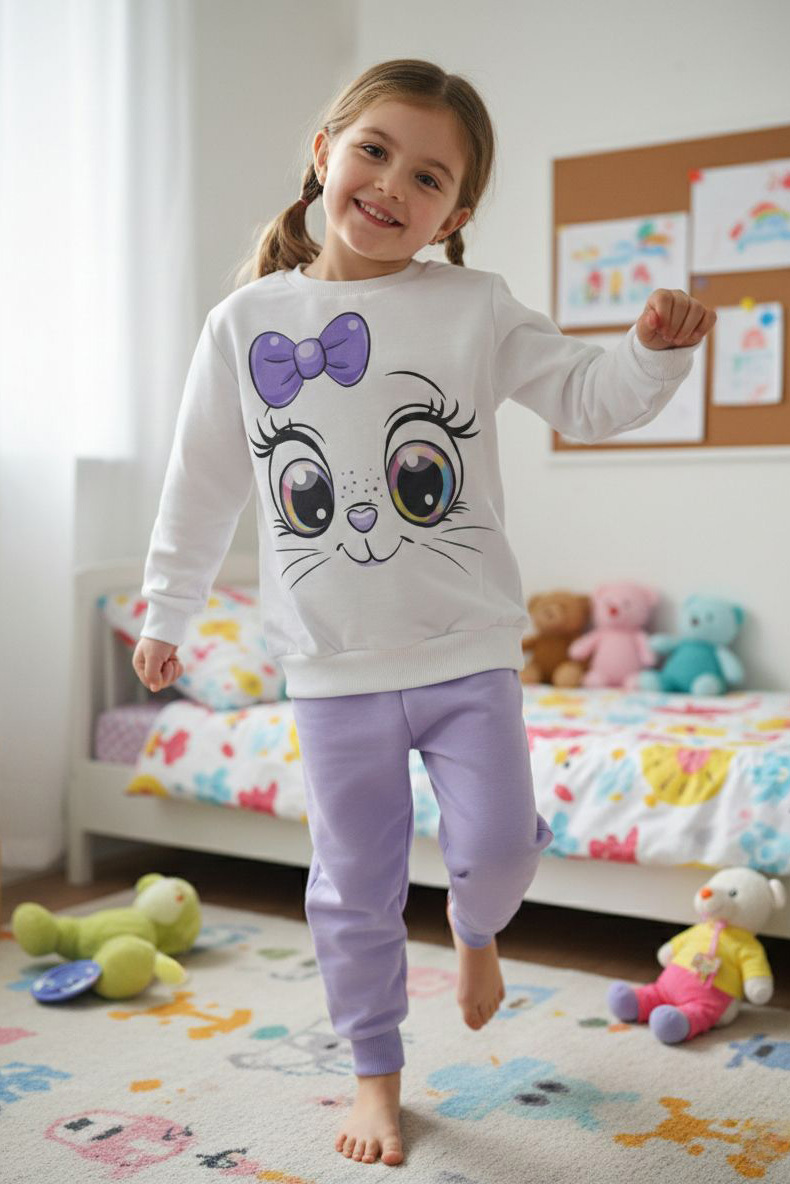 Kız Çocuk Lila Baskılı İki İplik Çocuk Pijama Takımı - 28275-LILA