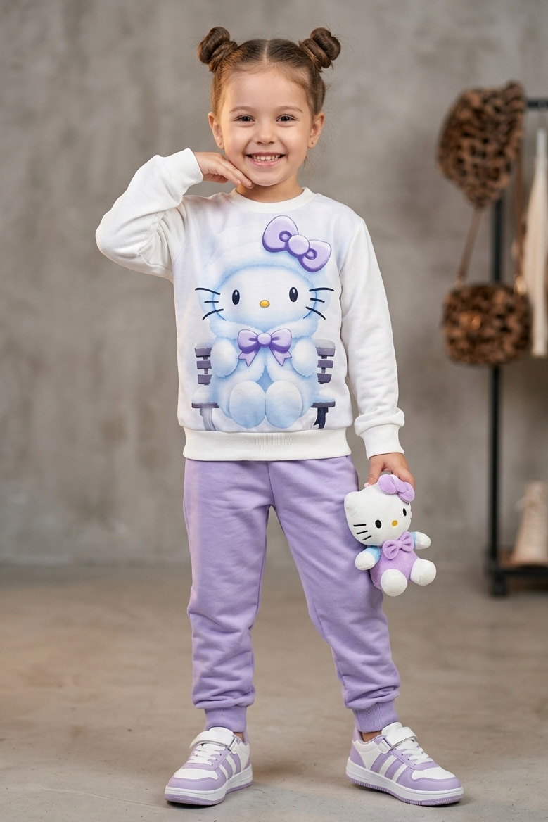 Kız Çocuk Lila Baskılı İki İplik Çocuk Pijama Takımı - 28347-LILA