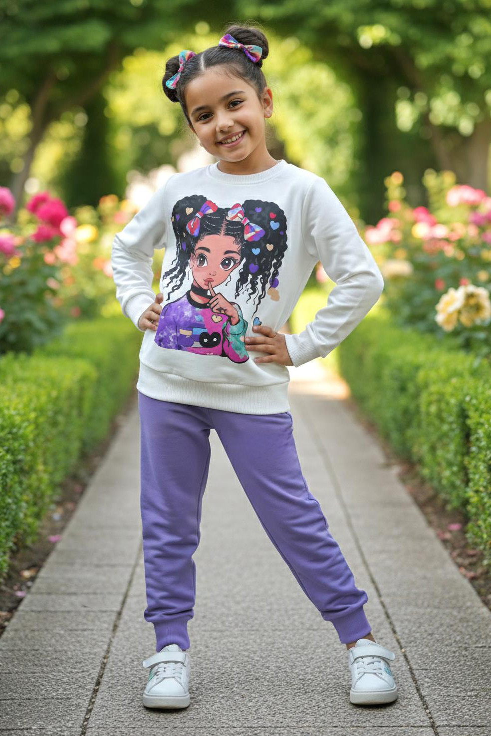 Kız Çocuk Lila Baskılı Pijama Takımı - 28108-LILA
