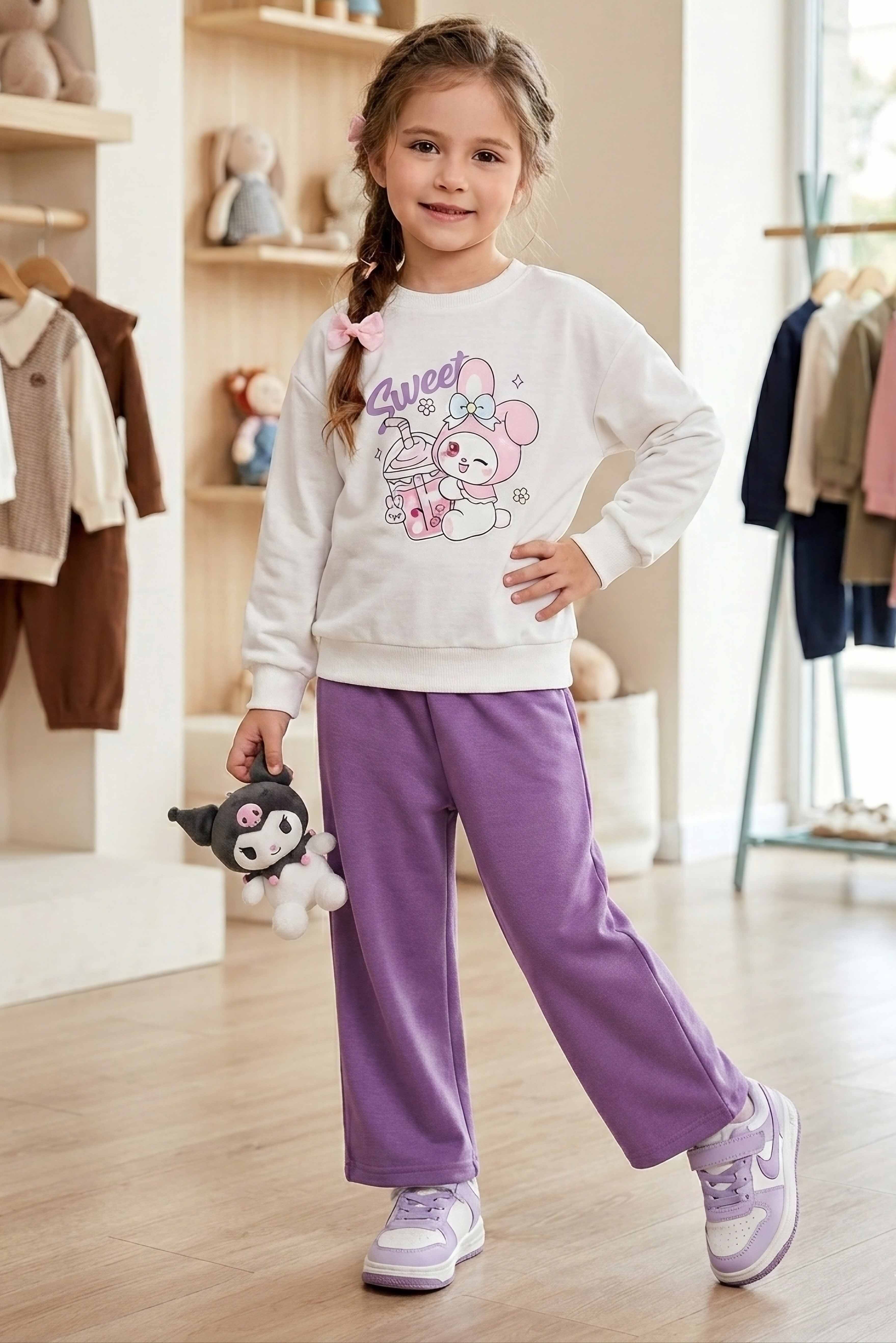 Kız Çocuk Lila Baskılı Pijama Takımı - 28305-LILA