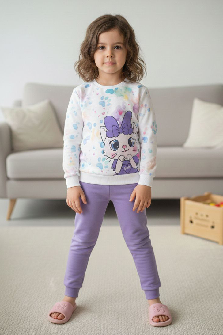 Kız Çocuk Lila Baskılı Şardonlu Pijama Takımı - 28236-LILA