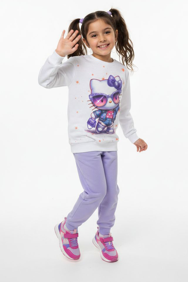 Kız Çocuk Lila Baskılı Şardonlu Pijama Takımı - 28237-LILA