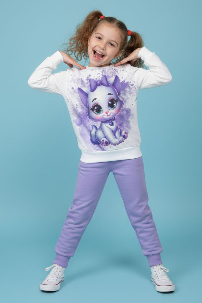 Kız Çocuk Lila Baskılı Şardonlu Pijama Takımı - 28238-LILA