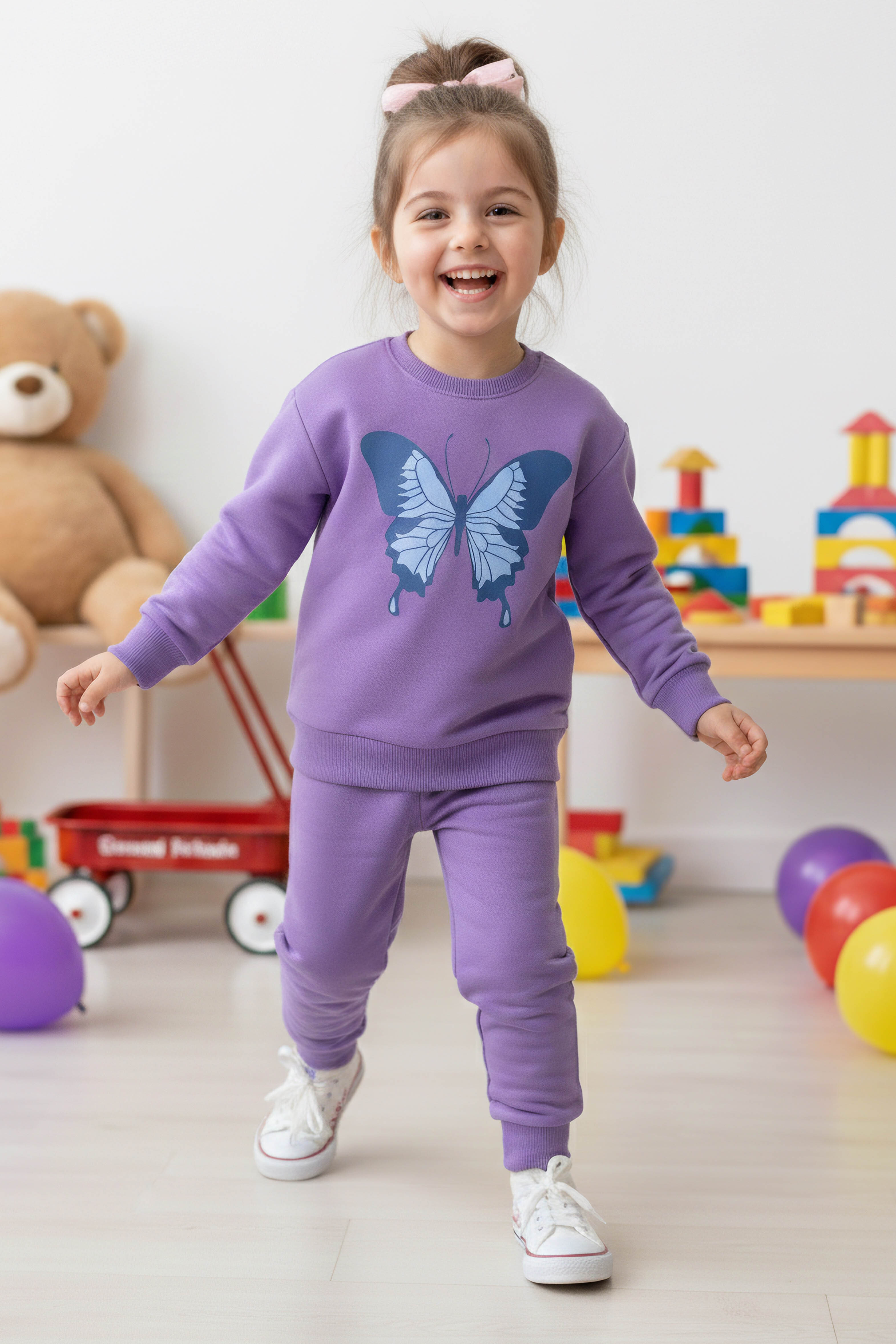 Kız Çocuk Lila Kelebek Baskılı İki İplik Takım - 28289-LILA
