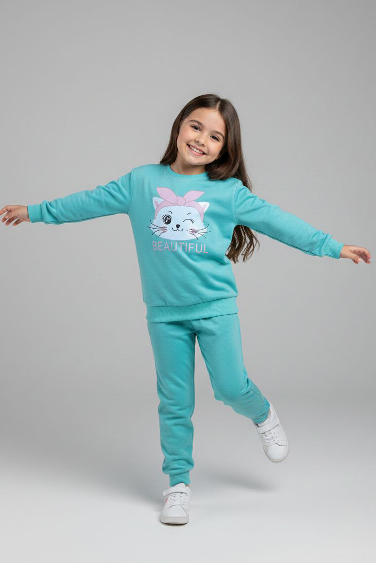 Kız Çocuk Mint Baskılı Eşofman Takımı - 28175-MINT