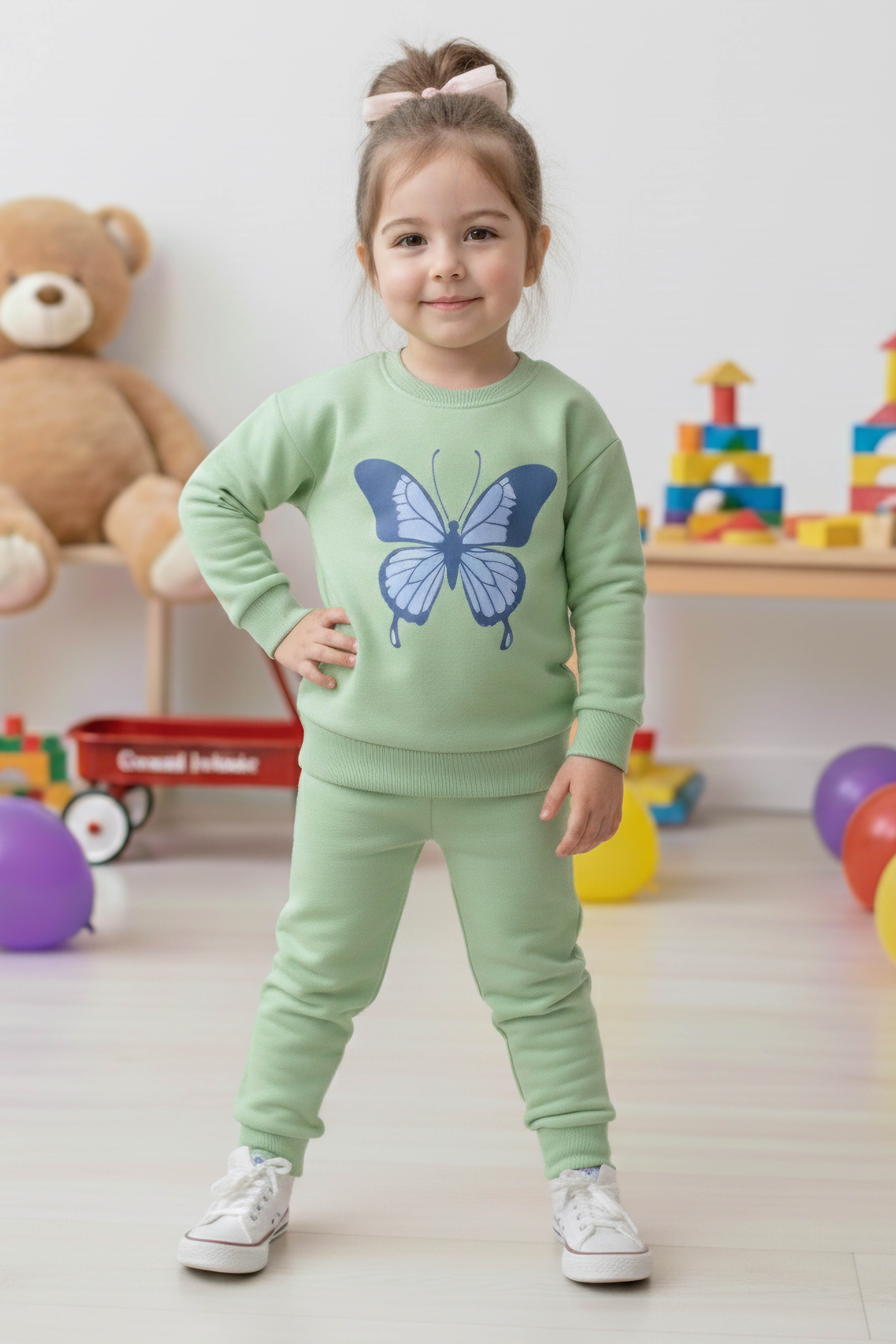 Kız Çocuk Mint Kelebek Baskılı İki İplik Takım - 28289-MINT