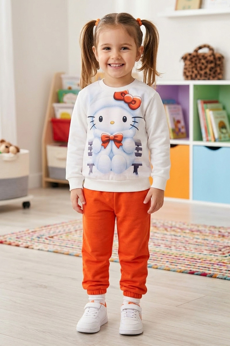 Kız Çocuk Oranj Baskılı İki İplik Çocuk Pijama Takımı - 28347-ORANJ