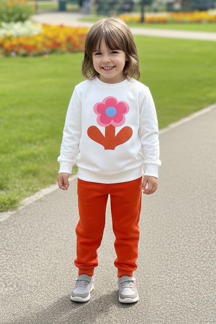 Kız Çocuk Oranj Baskılı Pijama Takımı - 28163-ORANJ
