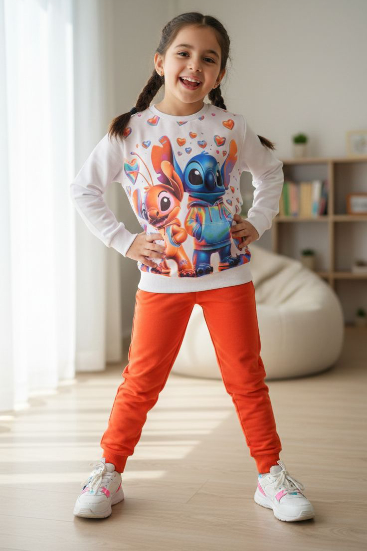 Kız Çocuk Oranj Baskılı Pijama Takımı - 28246-ORANJ