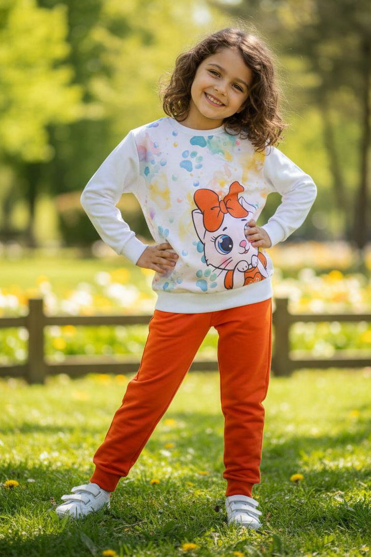 Kız Çocuk Oranj Baskılı Şardonlu Pijama Takımı - 28236-ORANJ