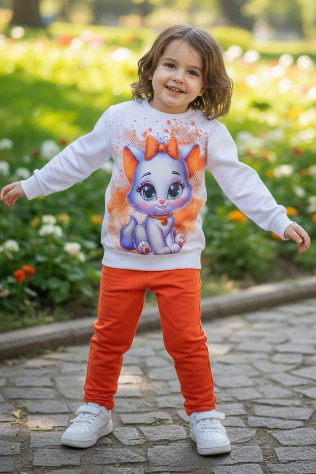 Kız Çocuk Oranj Baskılı Şardonlu Pijama Takımı - 28238-ORANJ