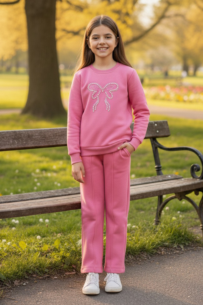 Kız Çocuk Pembe İnci Taş Detaylı Üç İplik Takım - 27957-PEMBE