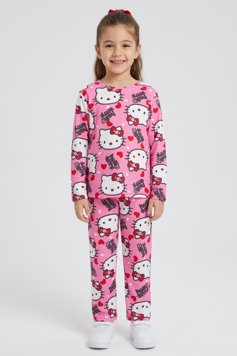 Kız Çocuk Pembe Kedi Basklı Süet Pijama Takımı - 28331-PEMBE