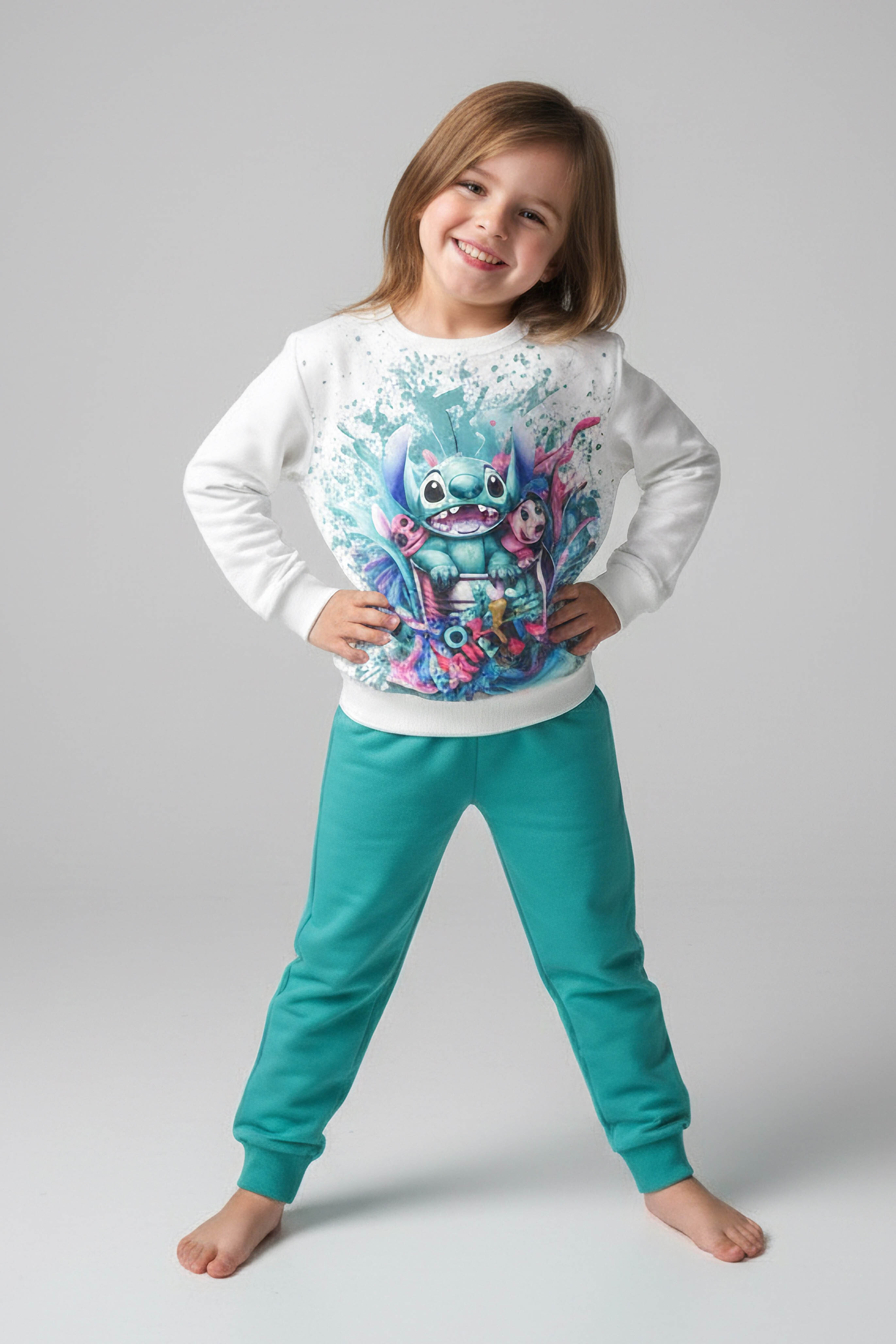 Kız Çocuk Petrol Baskılı Pijama Takımı - 28096-PETROL