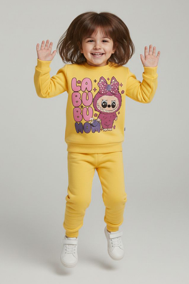 Kız Çocuk Sari Baskılı Şardonlu Pijama Takımı - 28099-SARI